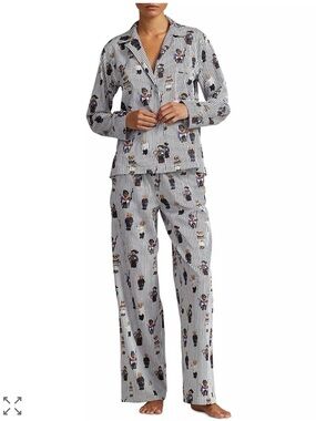Ralph Lauren Polo Madison Teddy Print Striped Pajama Set - White/Navy Size M